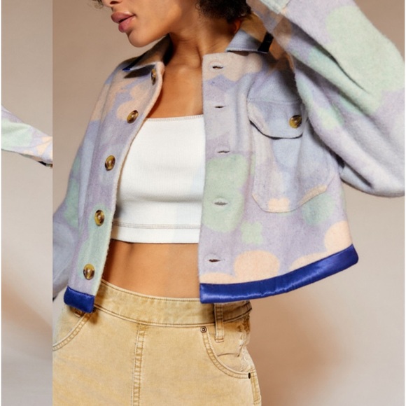 Kimchi Blue Urban Outfitters Floral Shacket jacket crop blue purple green pocket - Picture 4 of 6